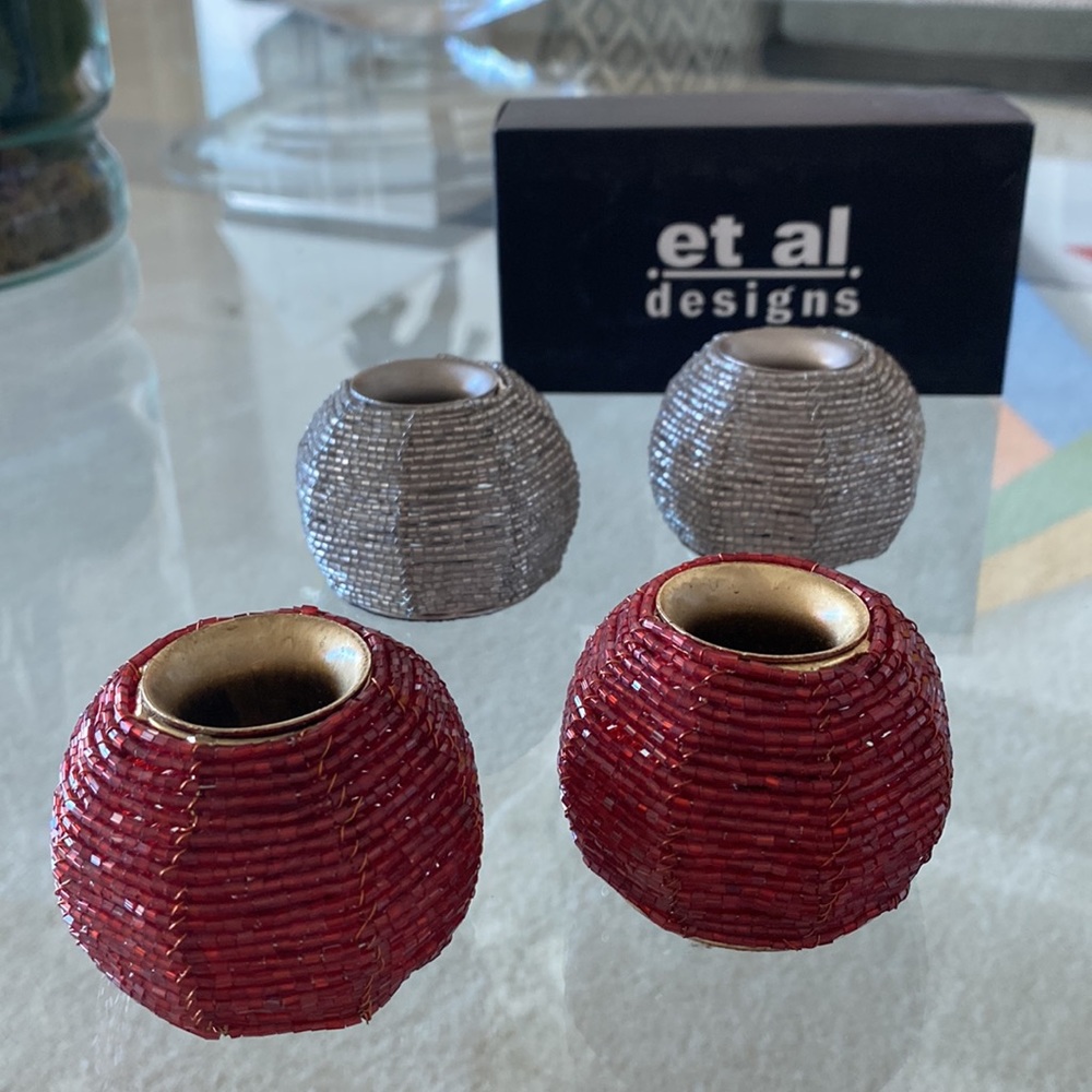 RED/SILVER BEADED CANDLE HOLDERS BY et al designs